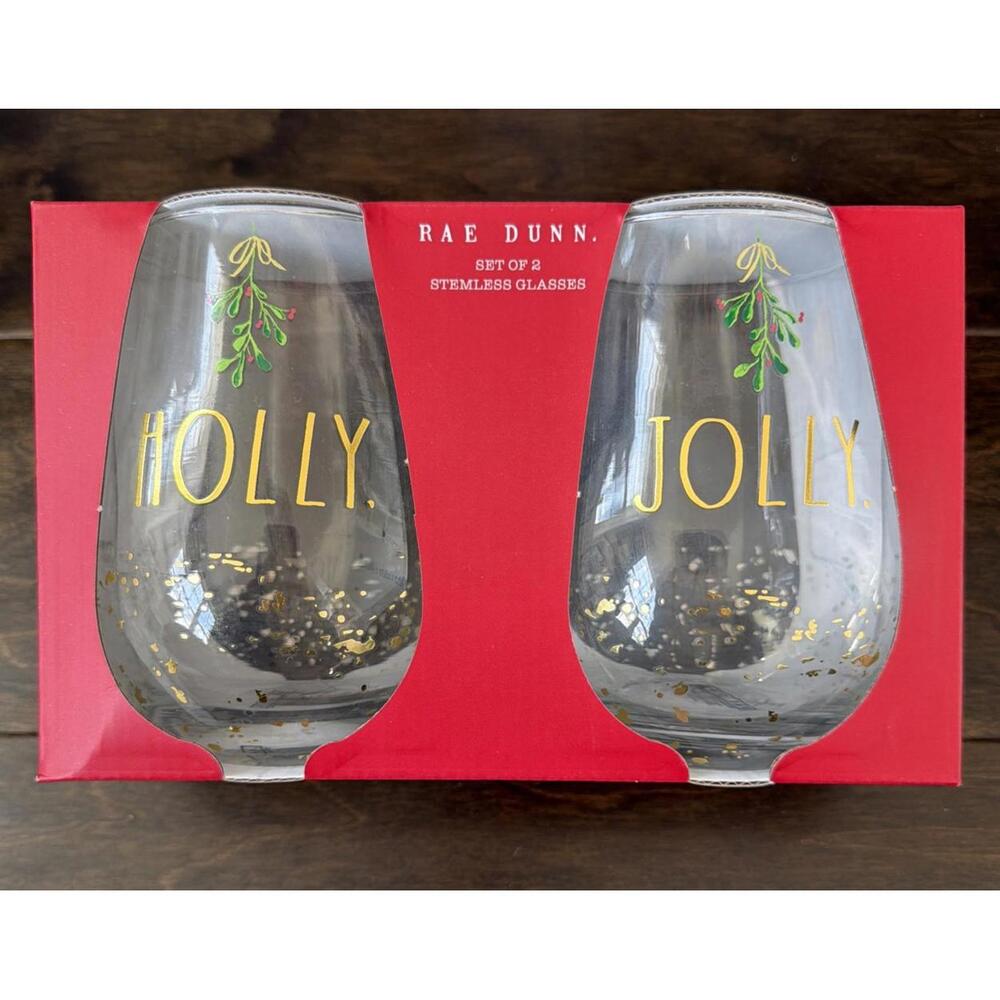 New In Box Rae Dunn Stemless Wine Glasses Christmas Holly & Jolly‎